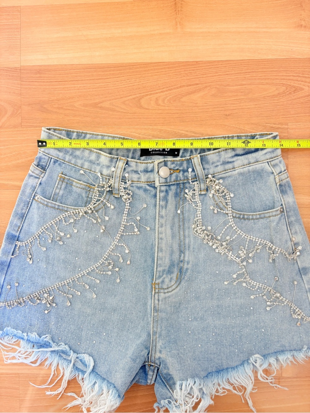 Crystal-Embellished Light Blue Denim Fringe Shorts - Picture 5 of 6